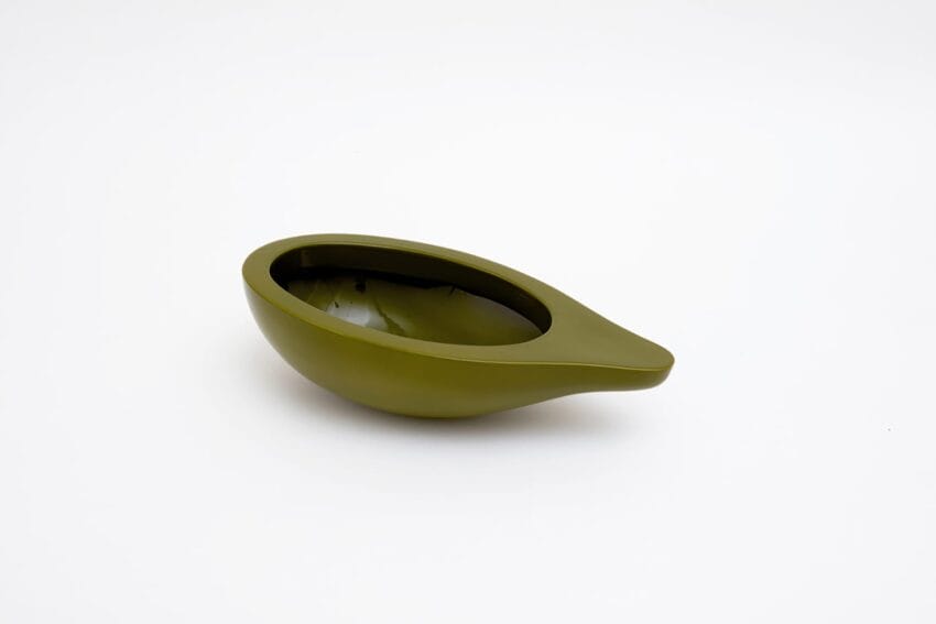 Olive green ceramic bowl with a sleek, modern design placed on a white background.