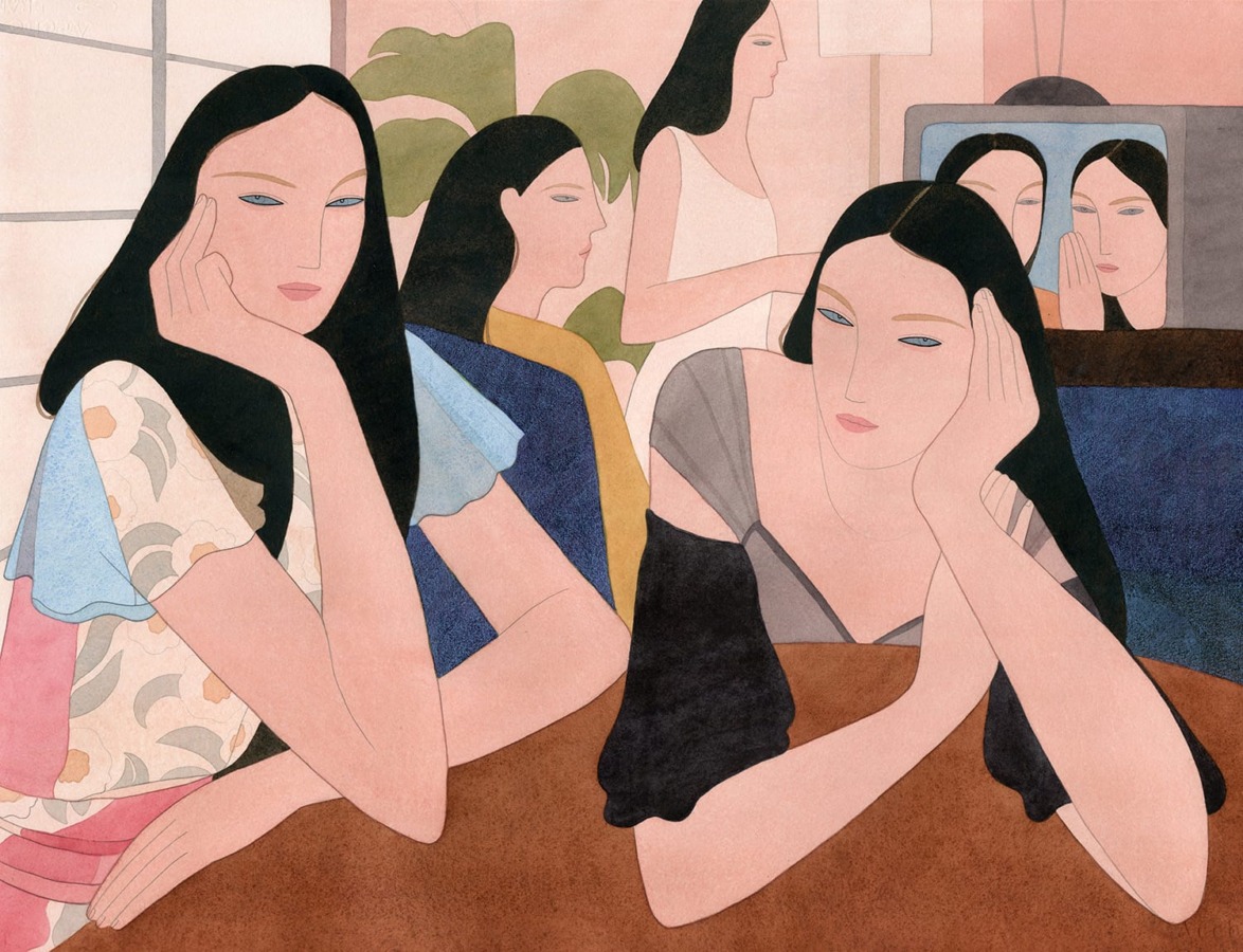 Illustration of five women in a room with various expressions, some seated at a table, softly lit ambiance.