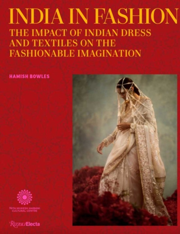 Book cover of "India in Fashion" featuring a woman in traditional Indian attire and floral elements.