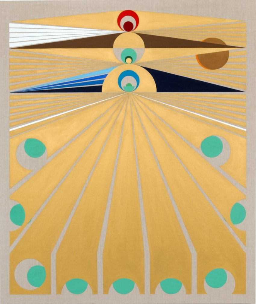 Abstract geometric painting with circular patterns and golden rays, featuring bold colors like red, blue, and green on a beige background.