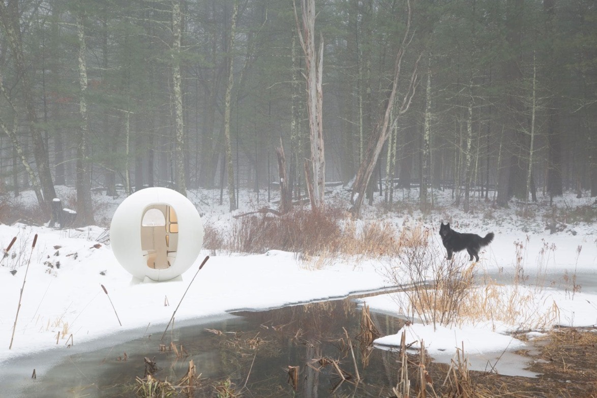 Snowy forest scene with a modern egg-shaped cabin and a black dog by a frozen pond.