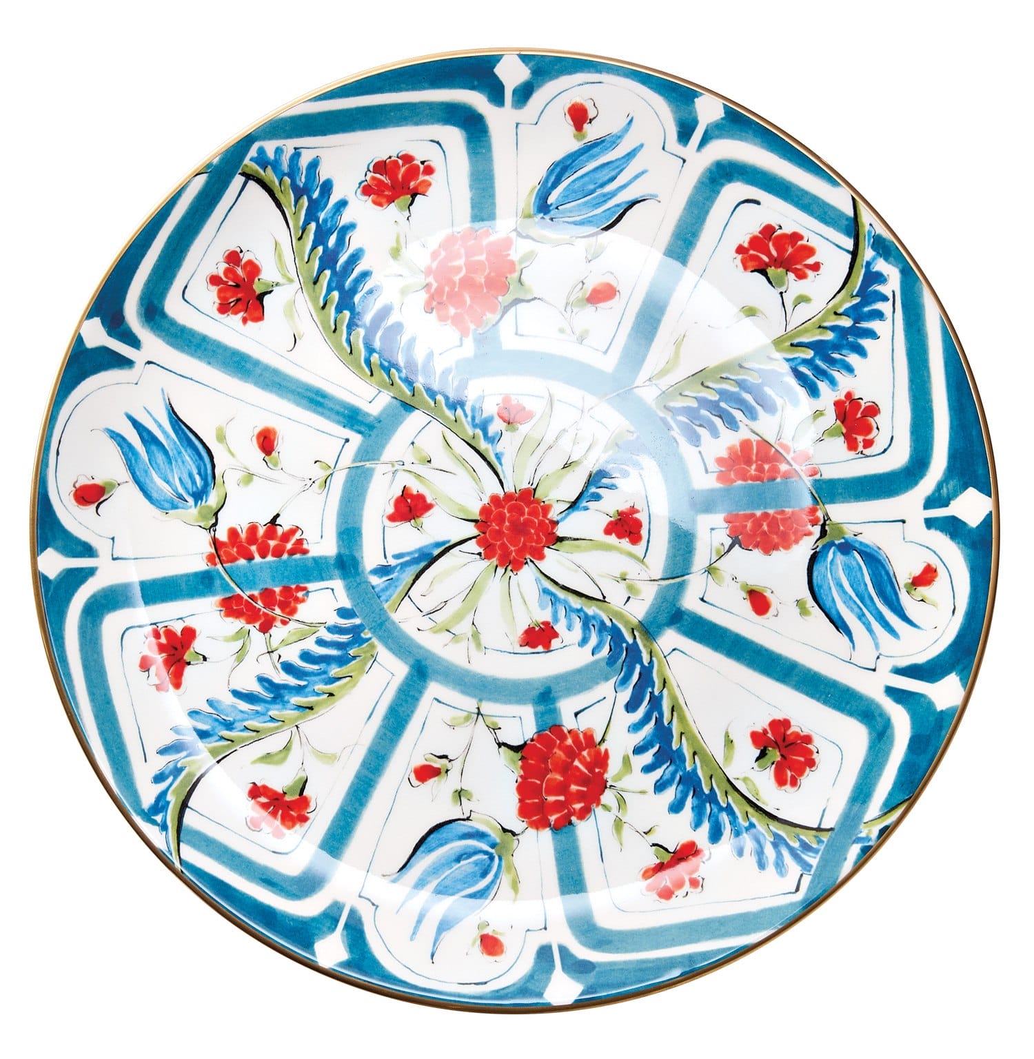 Colorful floral patterned ceramic plate with red, blue, and green design on a circular white background.
