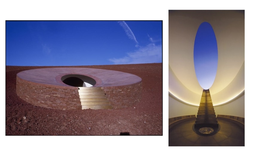 Circular stone structure with central opening and staircase leading down, viewed from outside and inside against a blue sky.