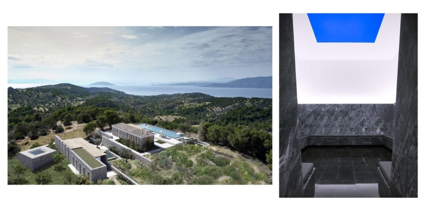 Aerial view of modern hillside villa and interior with dark stone staircase and blue skylight.