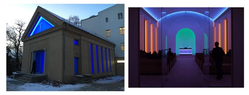 Exterior and interior views of a modern chapel with colorful LED lighting at dusk and inside the chapel.