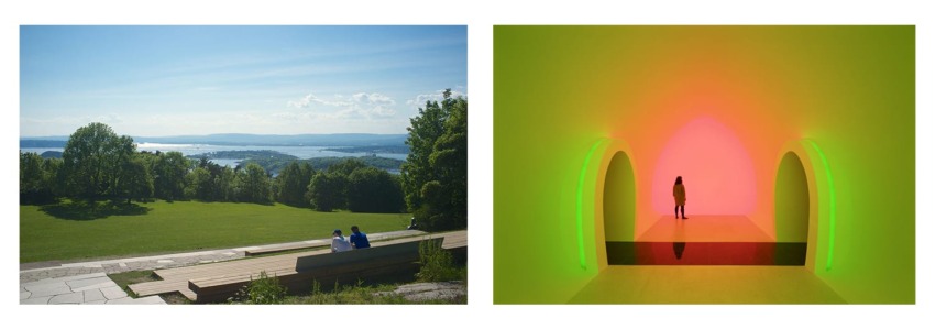 A scenic view overlooking a lake with two seated people and a colorful, futuristic room with a lone silhouette standing.