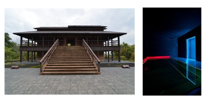 Wooden building with wide steps outside and modern interior room with neon lights inside.