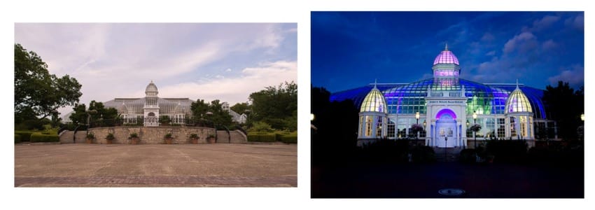 Two images of a botanical greenhouse, one during the day and the other illuminated at night with vibrant lights.