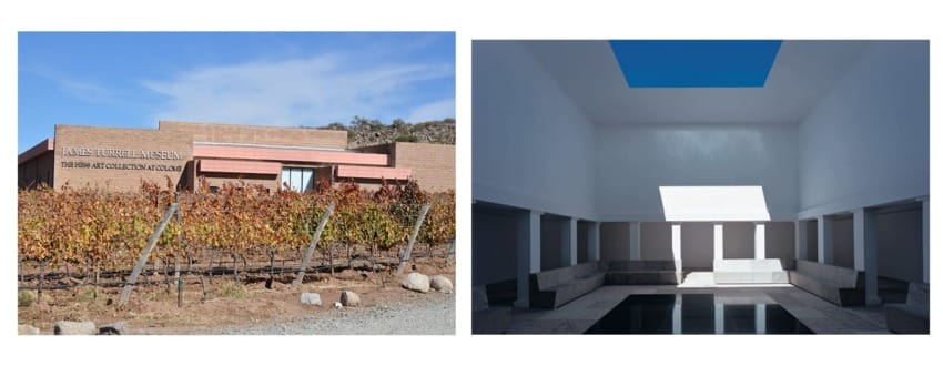 Exterior and interior views of a modern art gallery surrounded by vineyards, featuring a minimalist design and bright lighting.