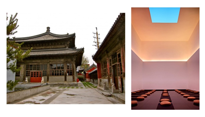 Traditional Chinese temple exterior and modern minimalist meditation room featuring circular cushions and skylight.