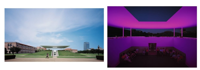 Daylight view of a pavilion on a grassy field and nighttime interior with purple lighting and people seated along the walls.