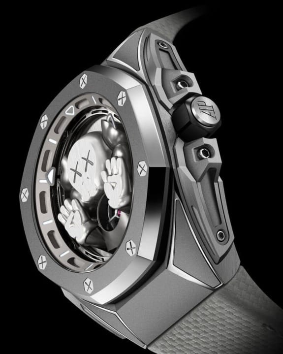 Luxury wristwatch with a unique, artistic face design, featuring a metallic band and intricate detailing on the bezel.