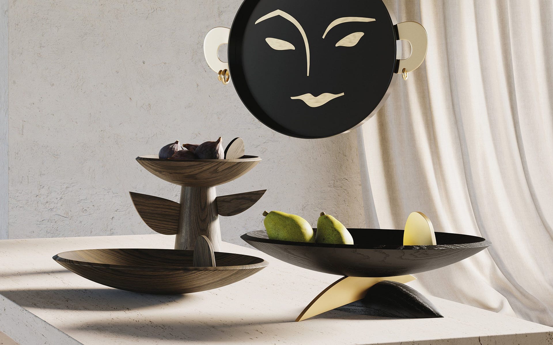 Modern decorative fruit bowls and a face-themed wall decor on a neutral-toned surface with natural light.