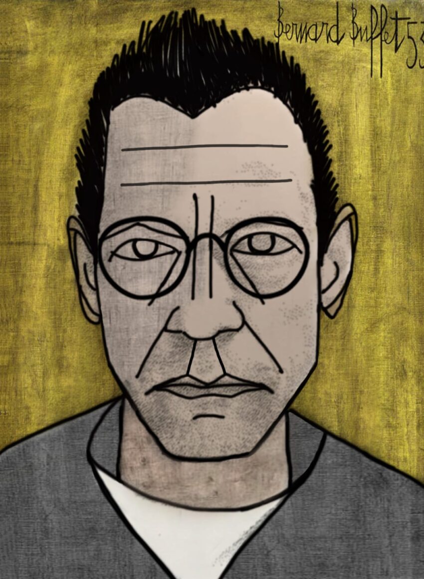 Illustration of a man with glasses and spiky hair on textured yellow background, signature in top right corner.