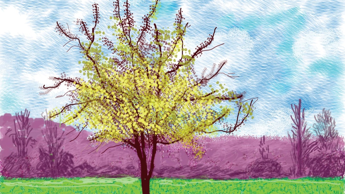 Illustration of a tree with yellow leaves in a bright meadow, purple hills in the background under a cloudy blue sky.