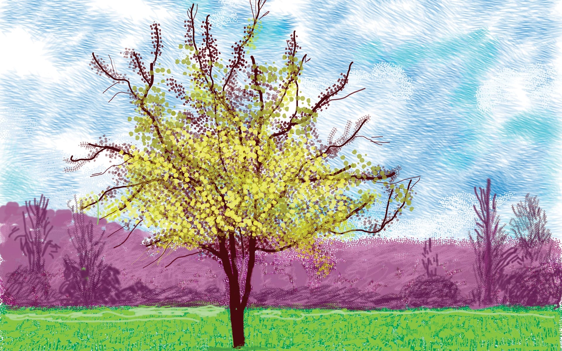 Illustration of a tree with yellow leaves in a bright meadow, purple hills in the background under a cloudy blue sky.