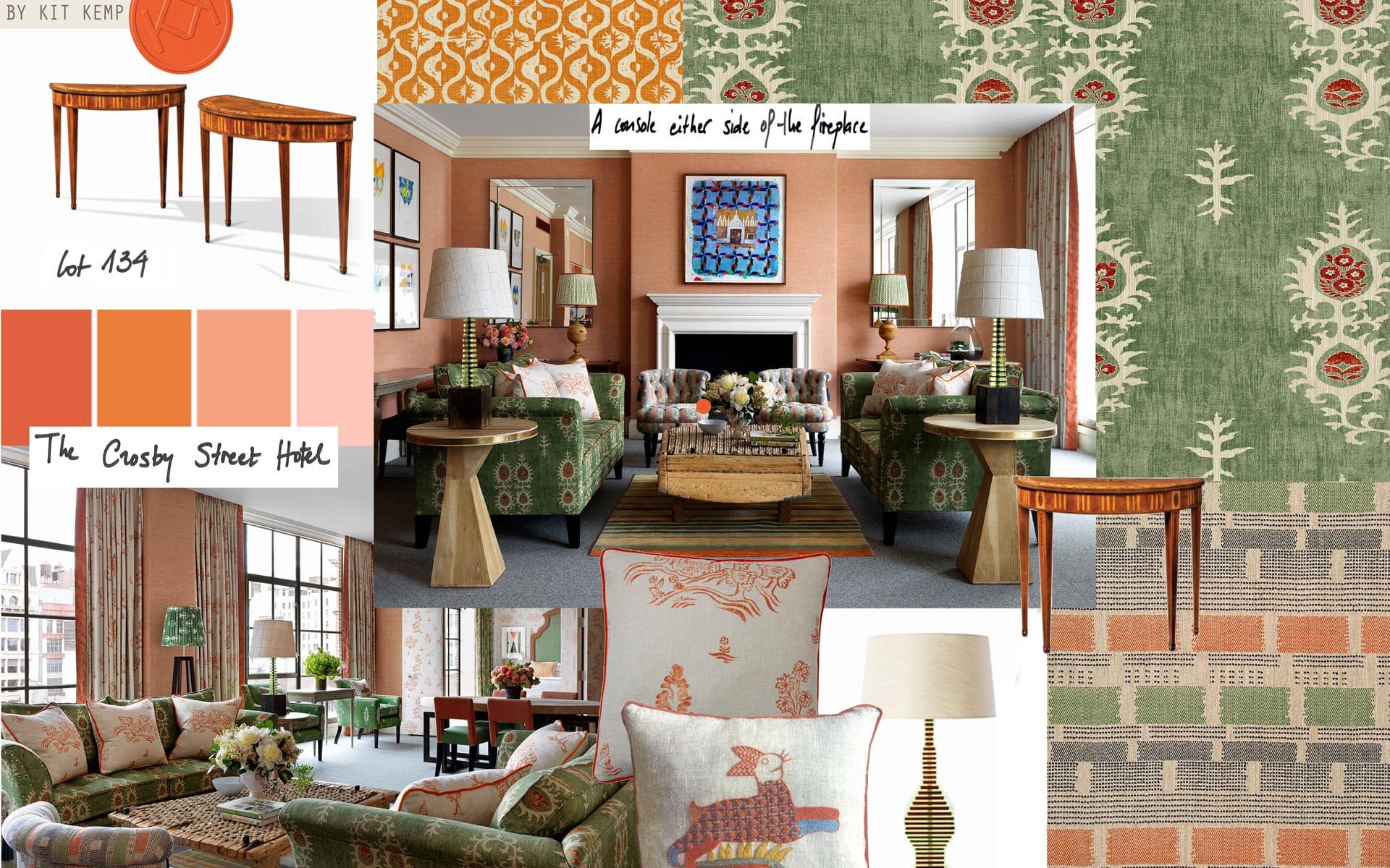 Colorful interior design inspiration board featuring patterned furniture, textiles, a round table, and paint swatches.