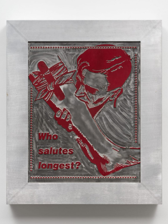 Art piece with a red figure holding an object, text reads "Who salutes longest?" on a metallic background.