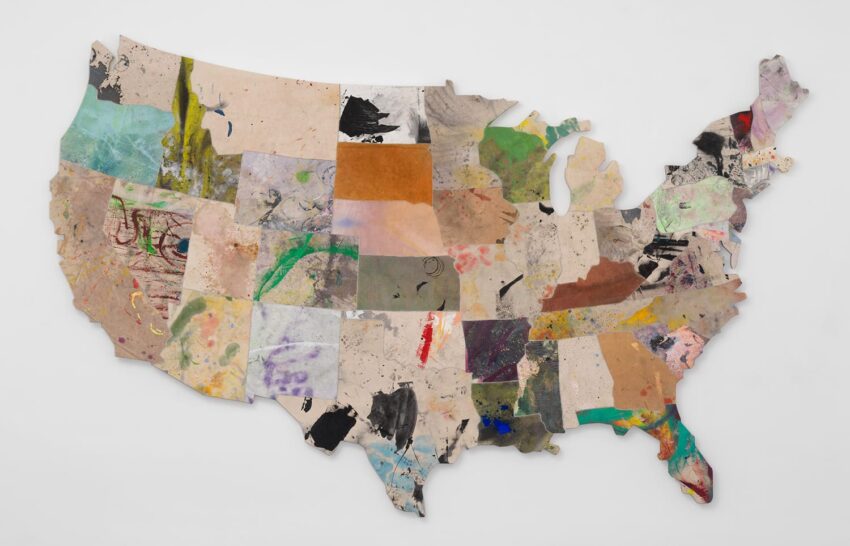 Collage art map of the United States made from various colorful, textured materials on a white background.