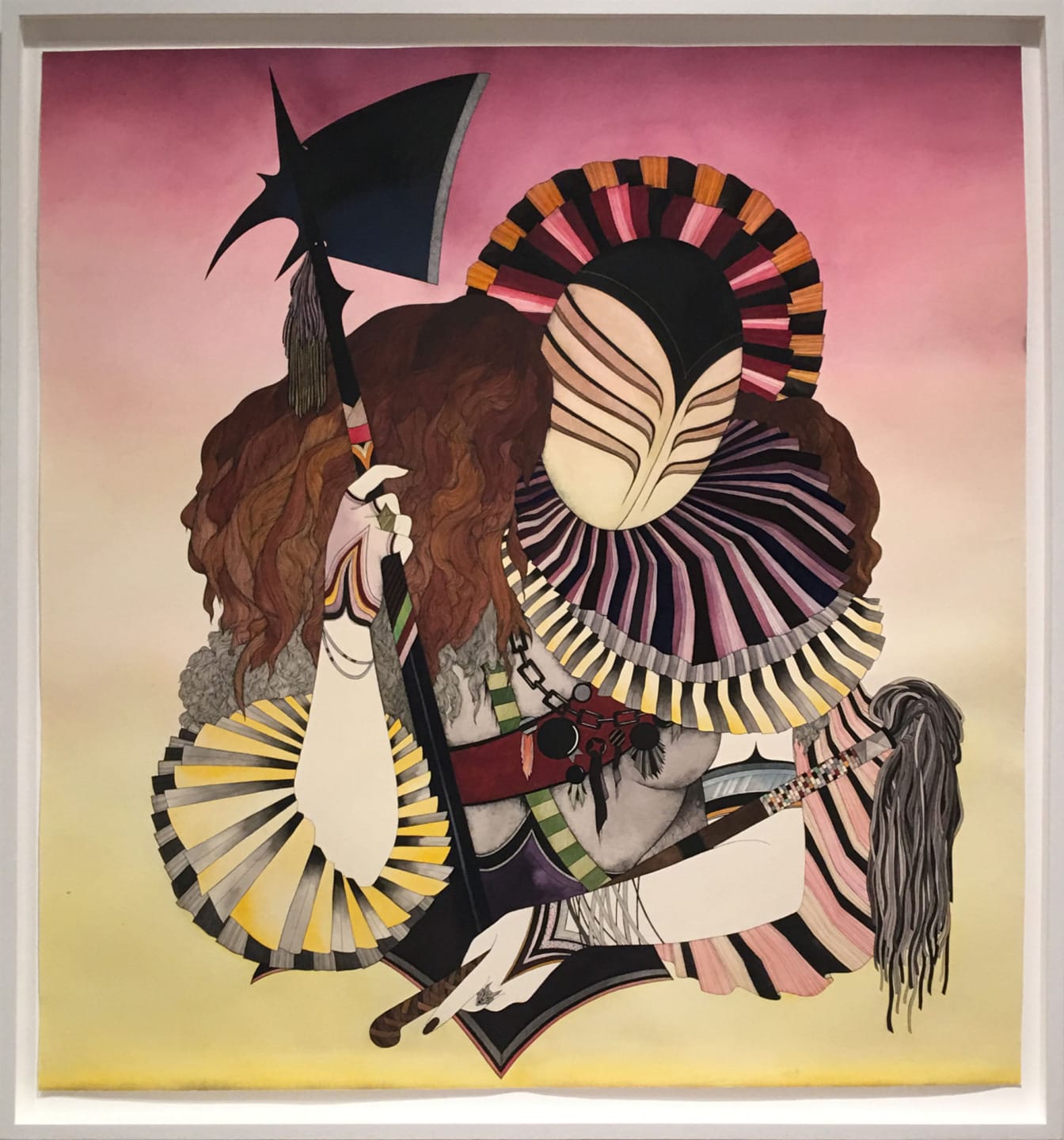 Abstract painting of a faceless figure with an ornate costume, holding an axe, set against a pink and yellow gradient background.