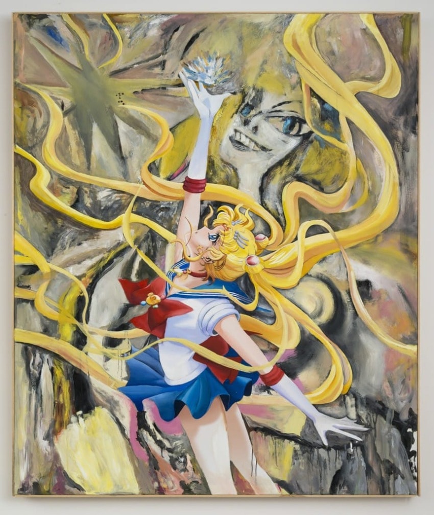 Anime character in a sailor outfit reaching upwards with long flowing hair and a cosmic background.