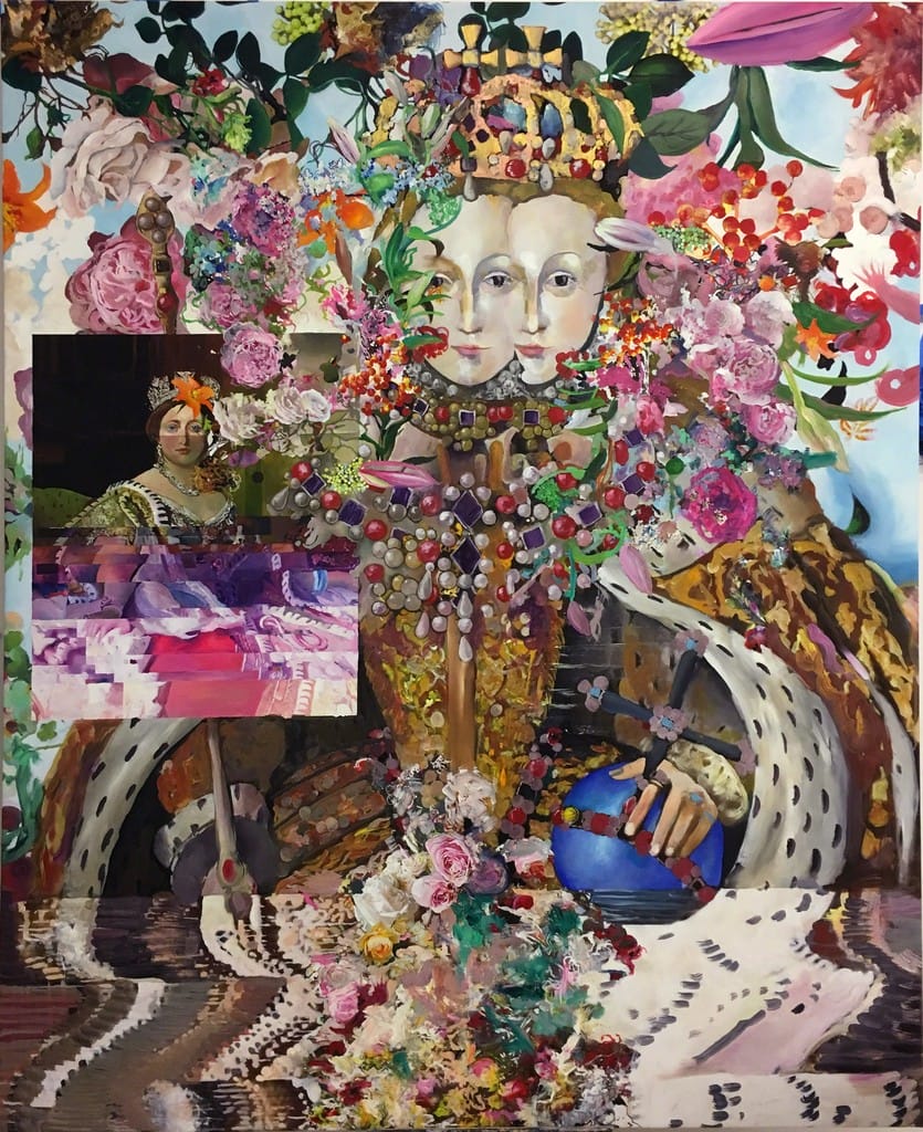 Colorful abstract art featuring a multi-faced figure adorned with flowers and jewels, surrounded by vibrant patterns and textures.