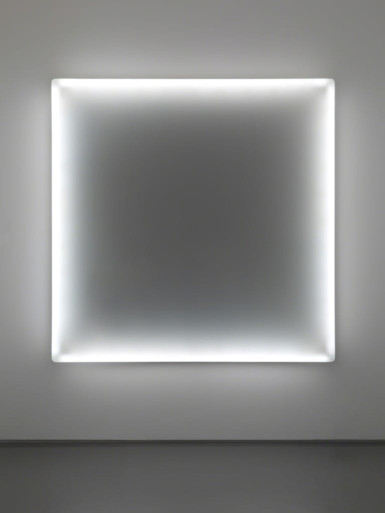 Glowing square frame with a soft white light hanging on a gray wall in a minimalist art exhibit.