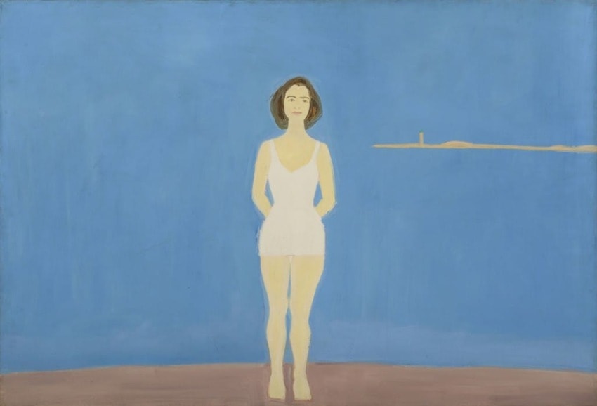 Minimalist painting of a woman in a white dress against a blue background, with a hint of landscape in the distance.