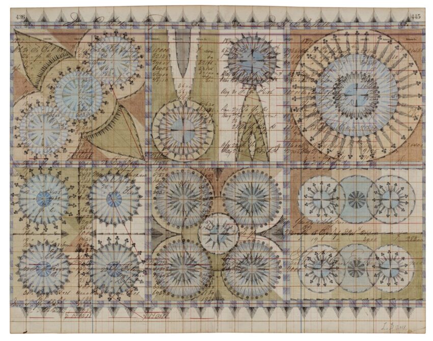 Colorful geometric patterns and diagrams arranged in a grid layout with intricate designs and handwritten notes.