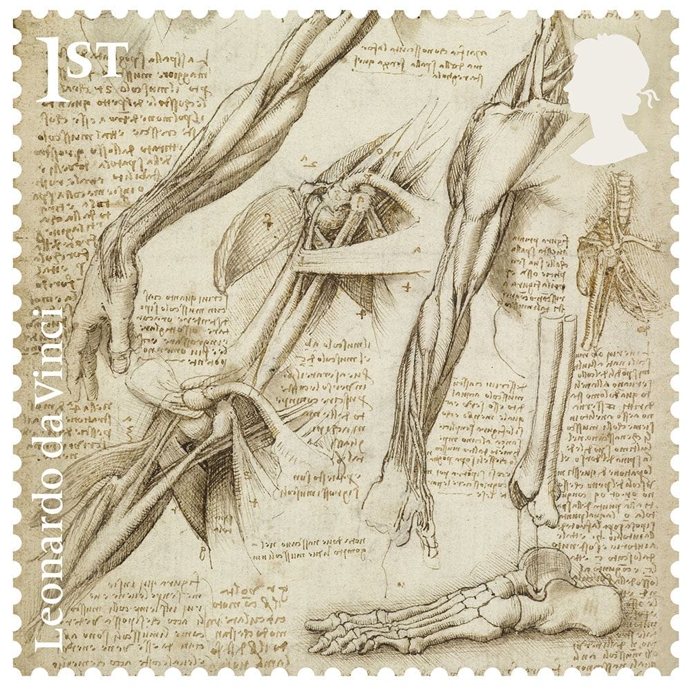 Stamp featuring Leonardo da Vinci's anatomical drawings, highlighting detailed sketches of human muscles and bones.