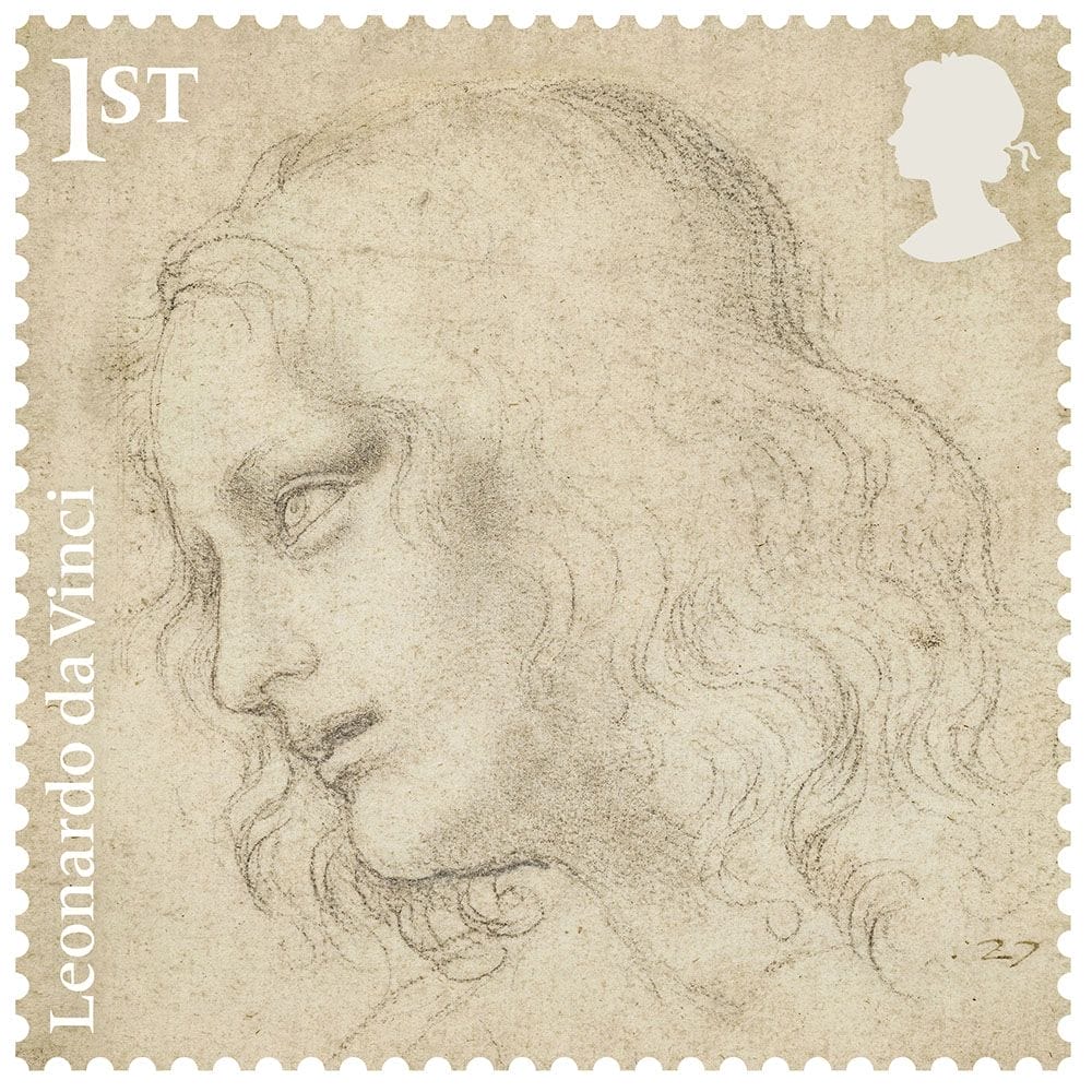 Pencil sketch of a man's side profile with long hair featured on a postage stamp that reads "Leonardo da Vinci" on the side.