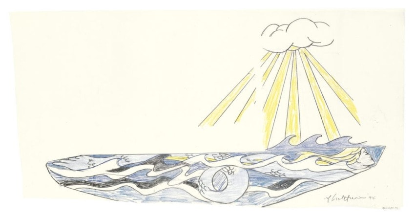 Abstract drawing of a boat on waves with clouds and sun rays above.