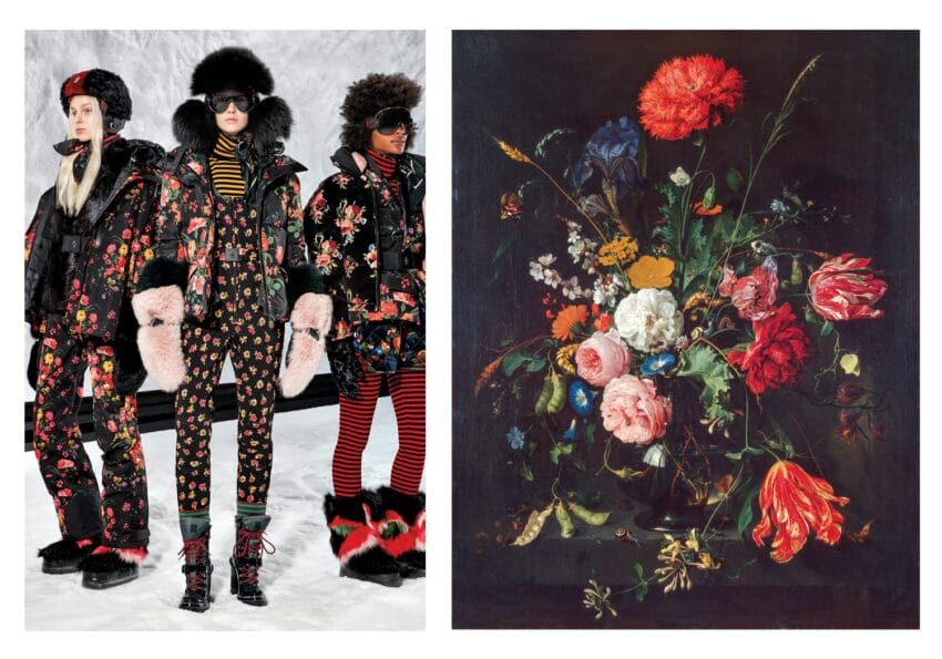 Models in colorful floral snow outfits beside a classic floral painting in a contrasting style.
