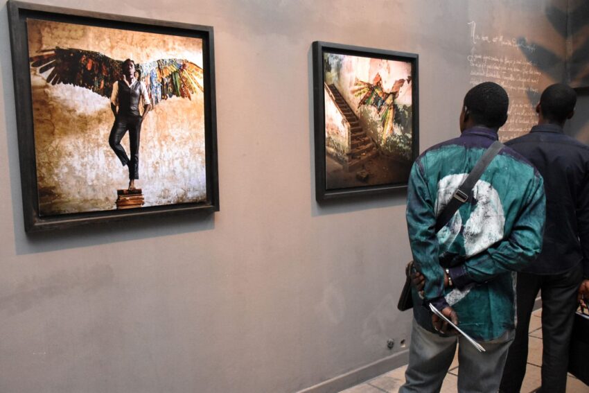 People viewing framed artwork on a gallery wall, featuring portraits with vibrant wings and urban backgrounds.