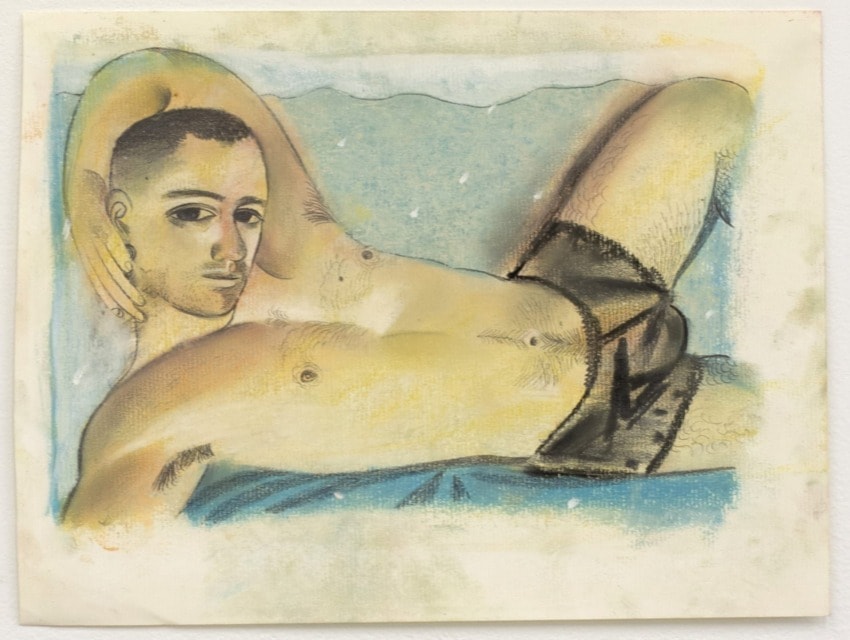 A painting of a person reclining on a blue surface, wearing dark shorts, looking towards the viewer with a serene expression.