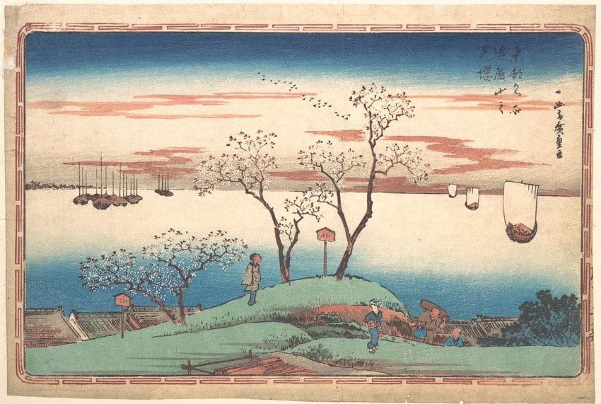 Japanese woodblock print depicting a serene lakeside scene with cherry blossom trees, figures, and boats in the distance.