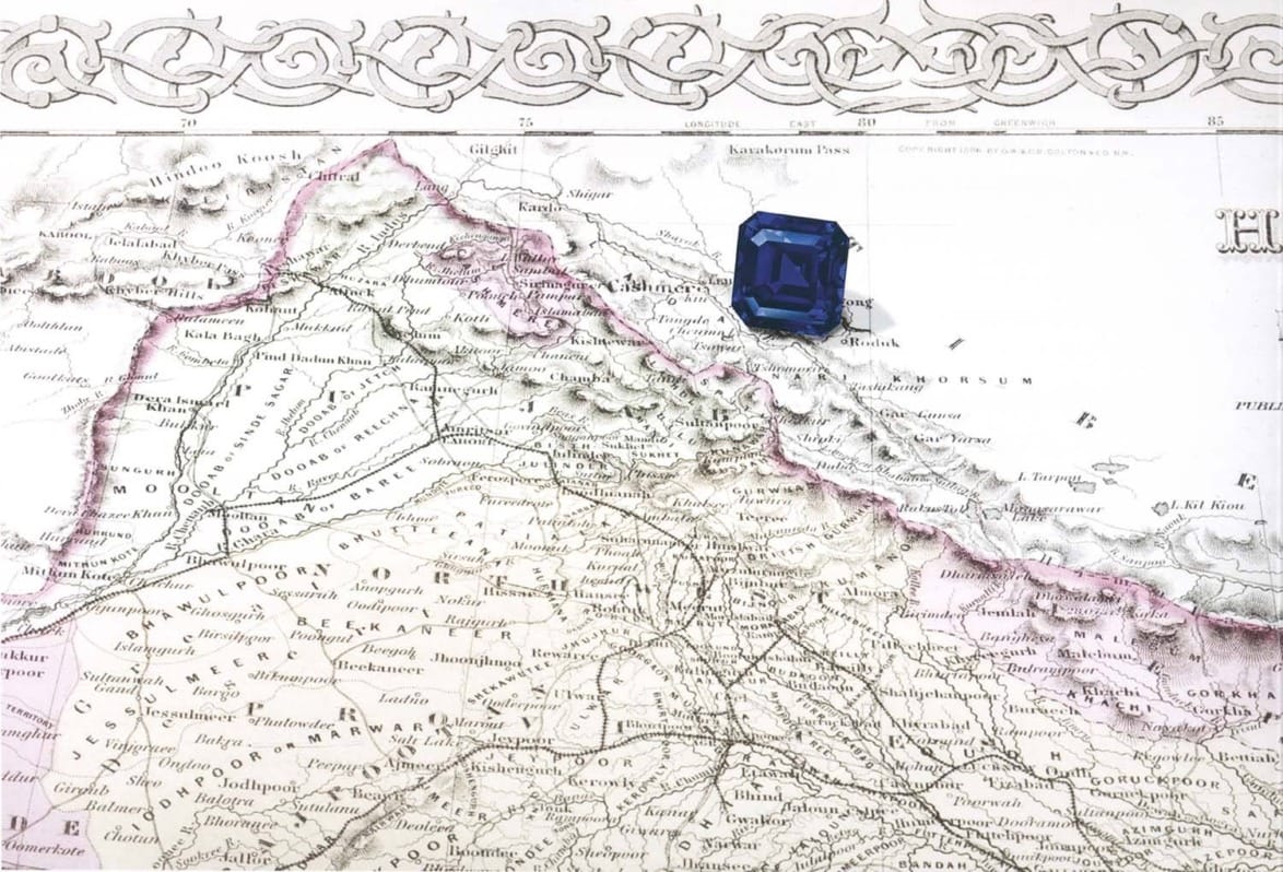 An old 1886 map of the Kashmir mine with the Jewel of Kashmir. Photo: Sotheby