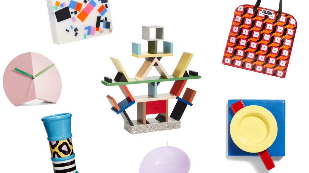 A collection of colorful and abstractly designed home decor items featuring clocks, shelves, and bags in various shapes.