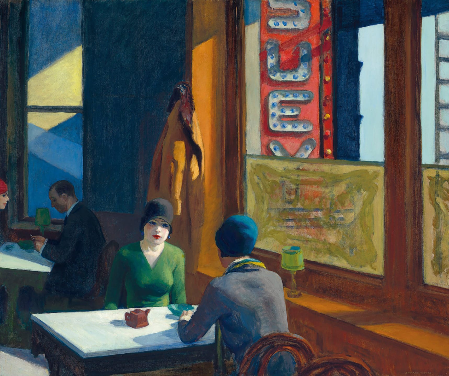 Painting of three people seated in a cafe with large windows and a visible street sign outside.