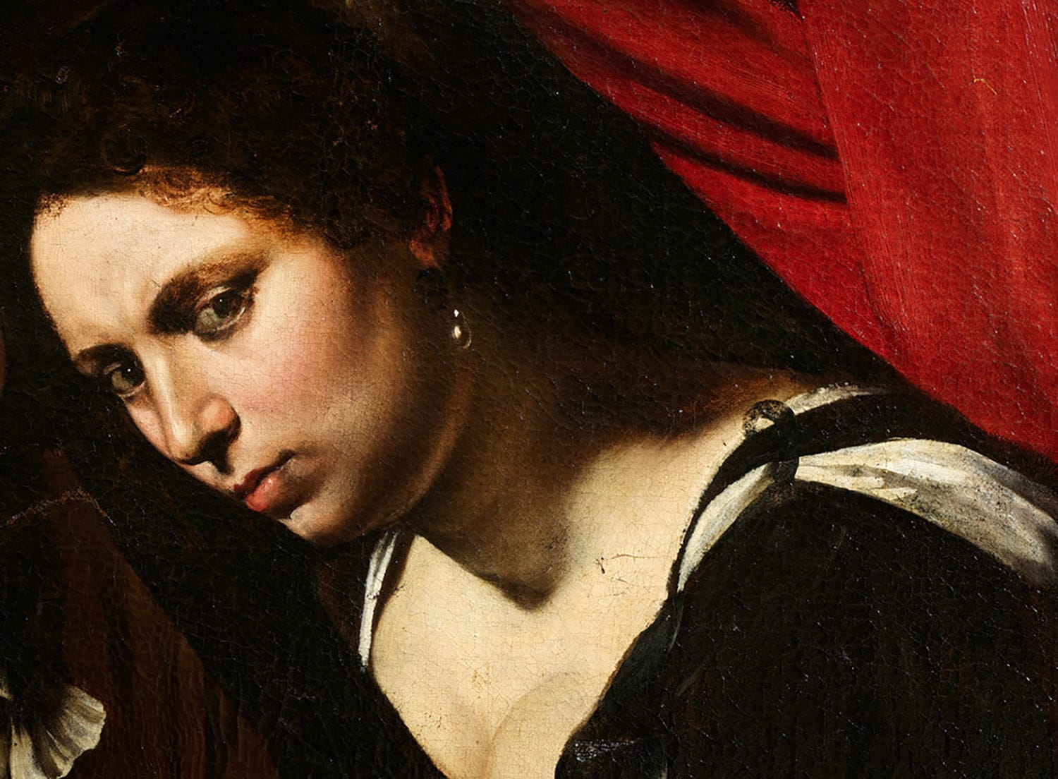 Painting of a woman with a contemplative expression, wearing a black and white dress, against a dark and red background.