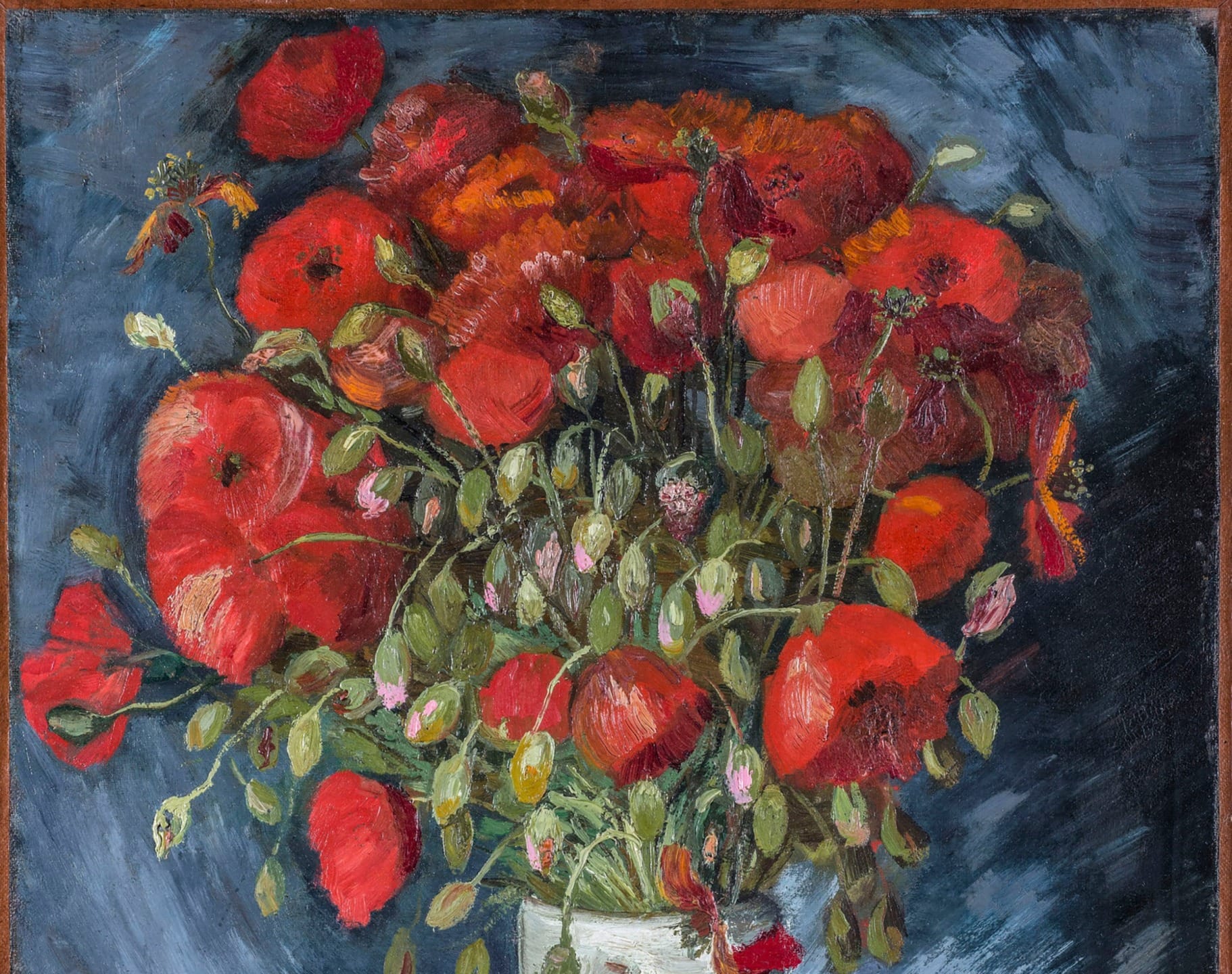 Vibrant bouquet of red poppies in a vase against a dark background, showcasing vivid colors and intricate brushwork.