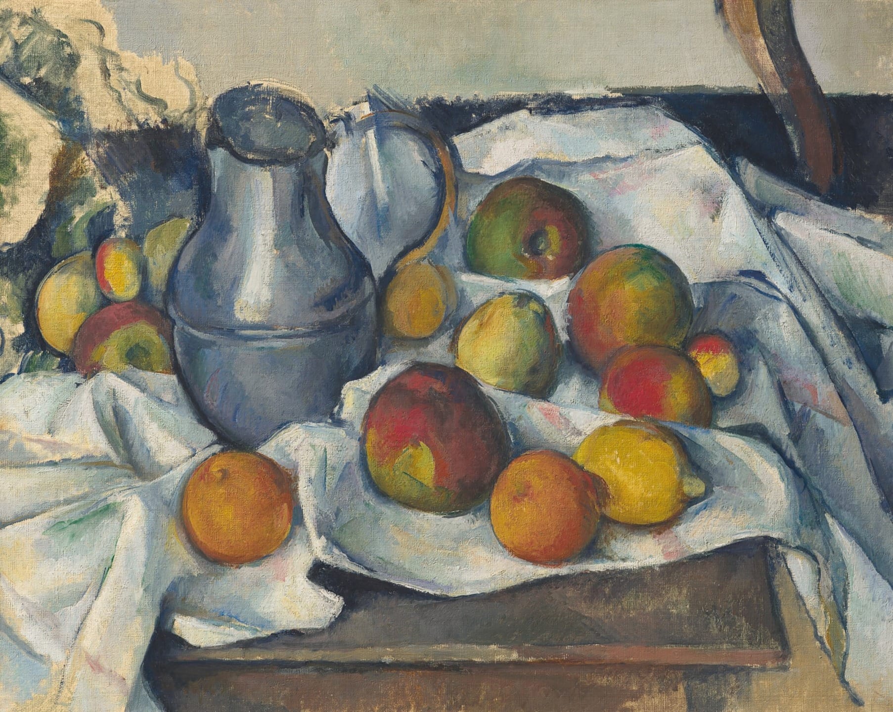 Still life painting of a jug and various fruits like apples and peaches on a white cloth.