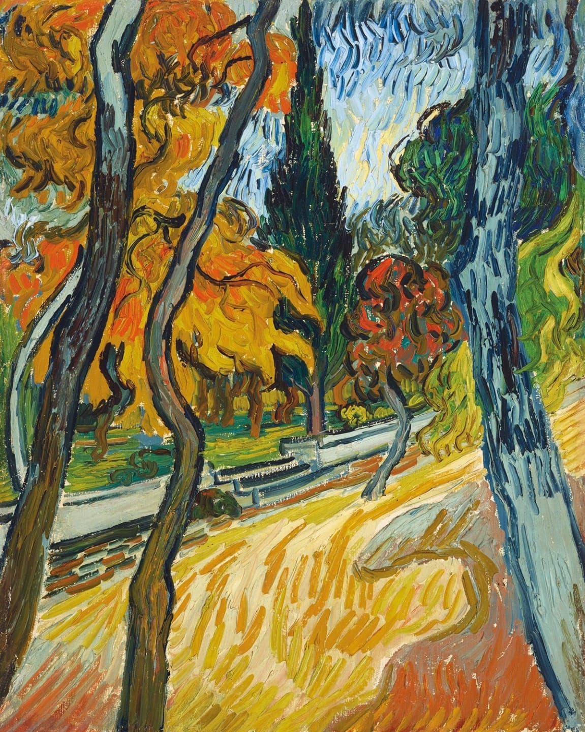 Colorful autumn landscape with winding path, tall trees, and vibrant leaves, painted in an expressive, swirling style.