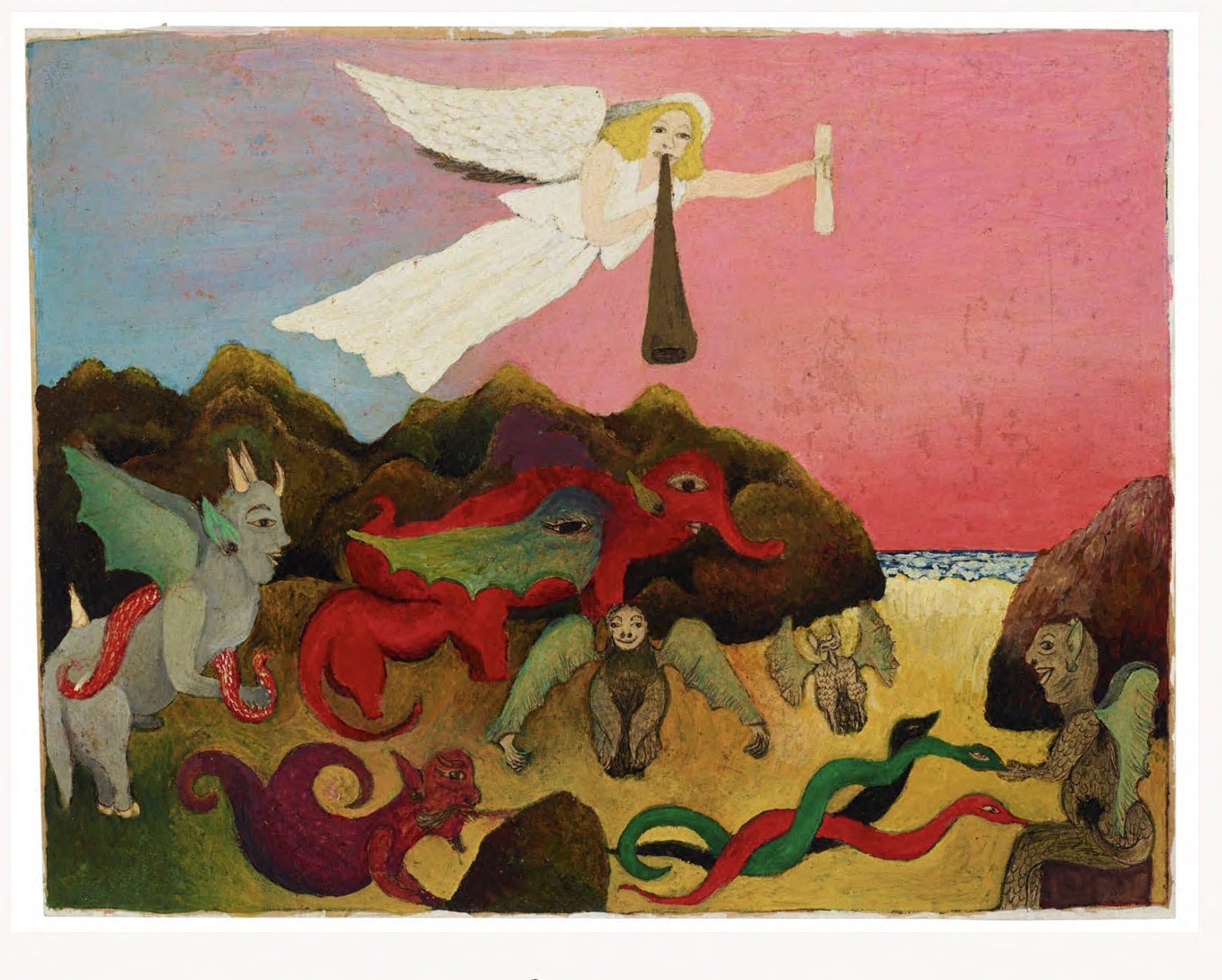 Angel with trumpet above mythical creatures in a colorful landscape with a sunset sky and rocky terrain.