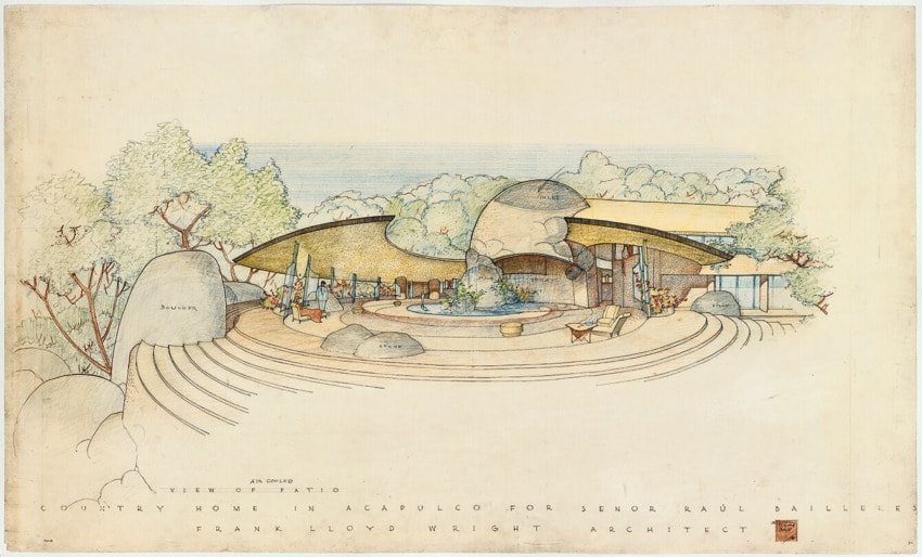 Architectural drawing of a circular modern patio design surrounded by trees, created by Frank Lloyd Wright.