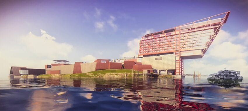 Modern waterfront building with geometric design and large angled roof, reflecting on the calm water, boat nearby.