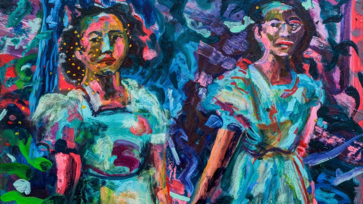 Colorful abstract painting of two figures wearing vibrant dresses standing together among swirling patterns and brushstrokes.