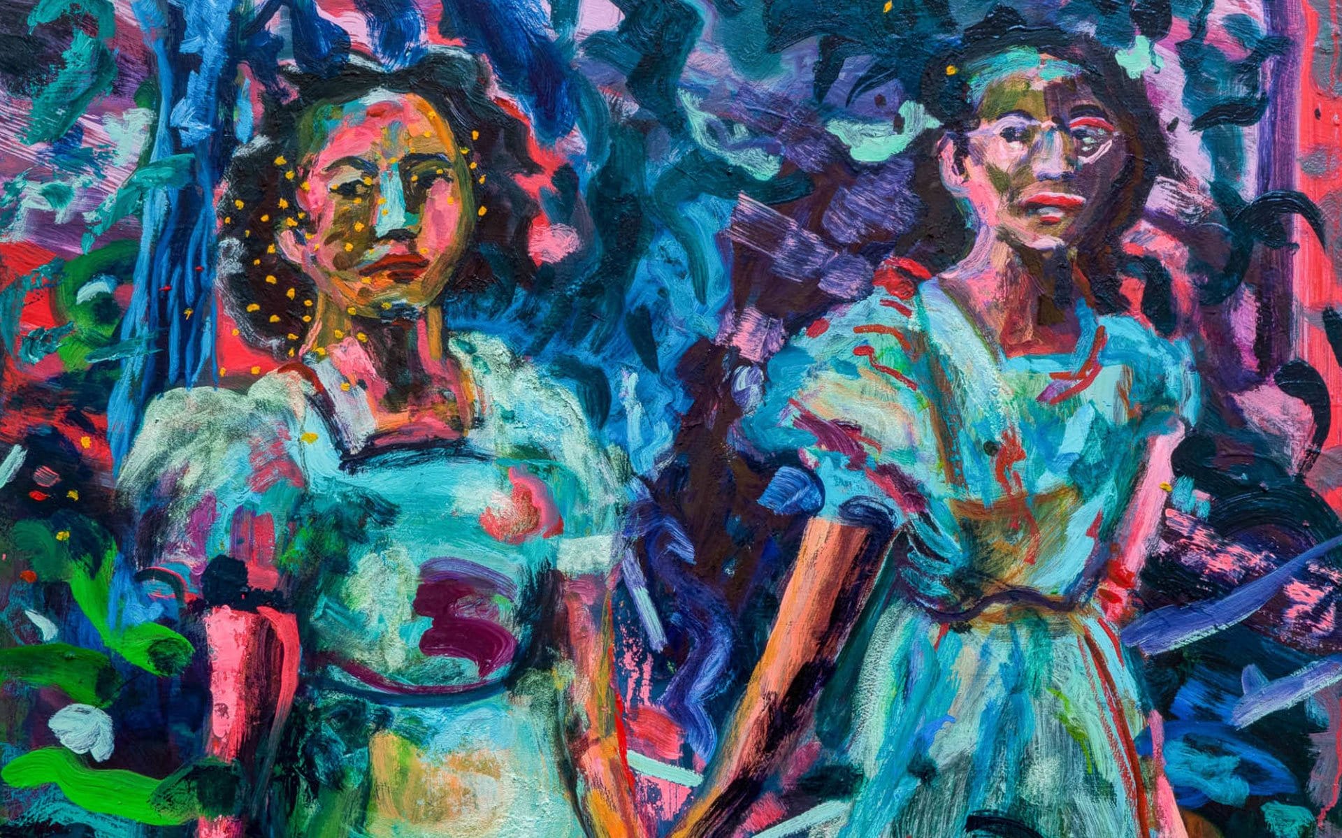Colorful abstract painting of two figures wearing vibrant dresses standing together among swirling patterns and brushstrokes.