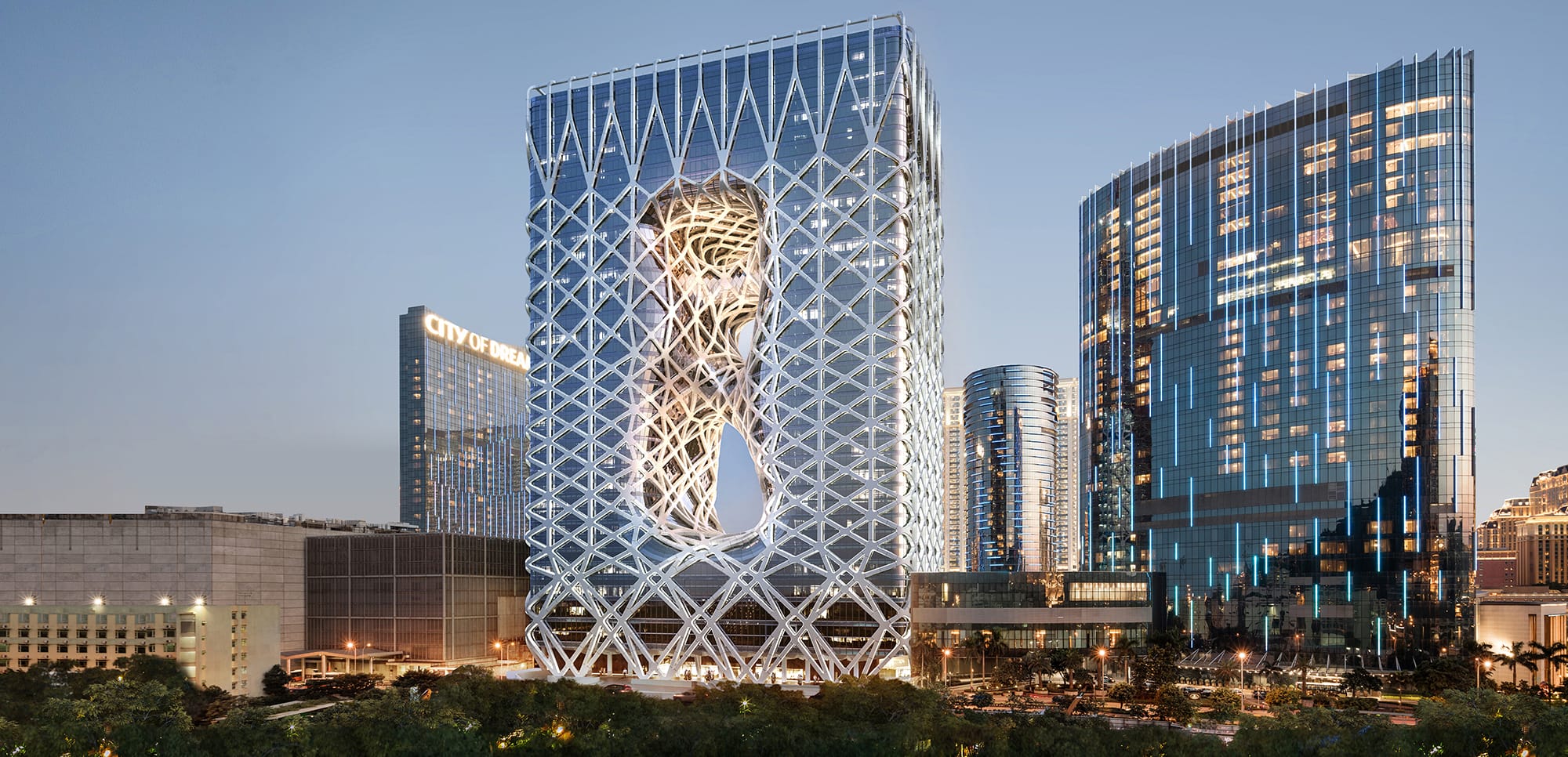 Futuristic cityscape with unique lattice-design skyscraper and surrounding modern buildings at dusk.