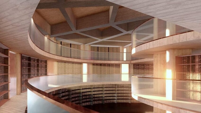 Interior of a modern library with curved wooden bookshelves and large windows allowing natural light to illuminate the space